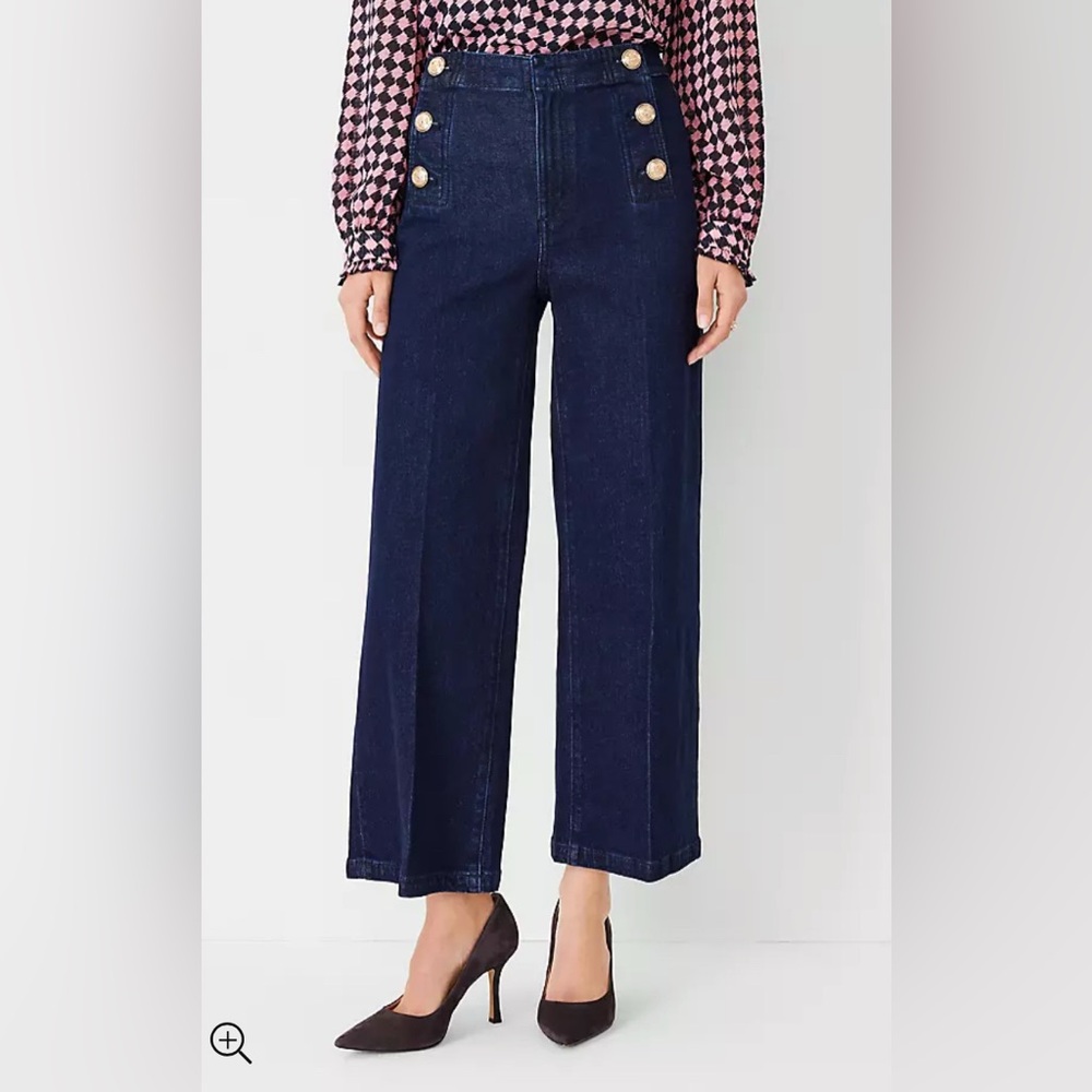 Ann Taylor Mariner High Rise Wide Leg Crop Jeans in Refined Dark Indigo Wash